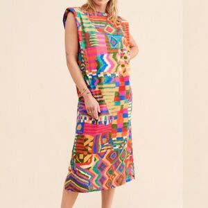 Farm Rio Summer Patches T-Shirt Long Dress. Multi Color. Size Extra Large. New.